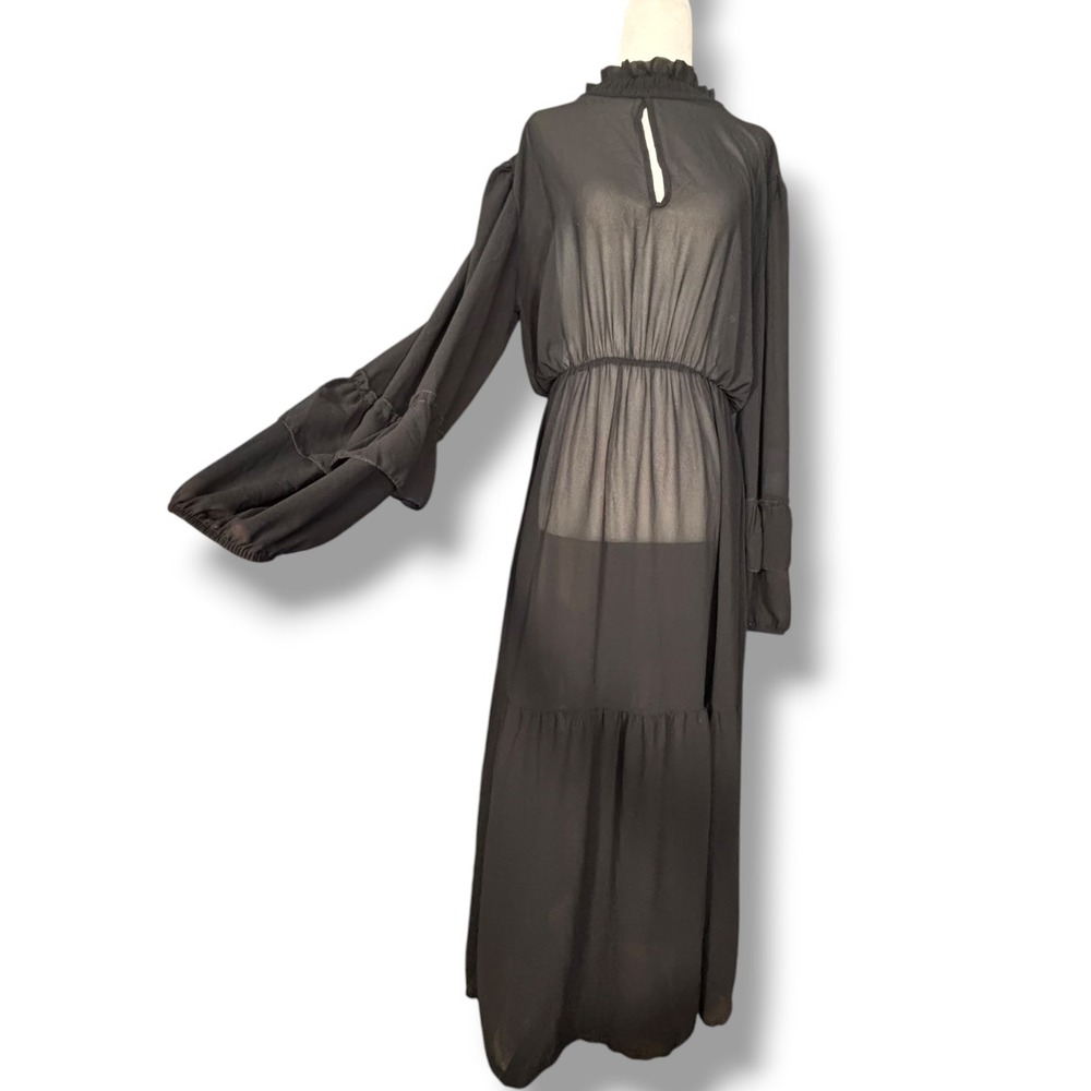 Black Sheer Maxi Dress Ruffle High Neck Tiered Long Sleeve Goth Victorian Witchy
